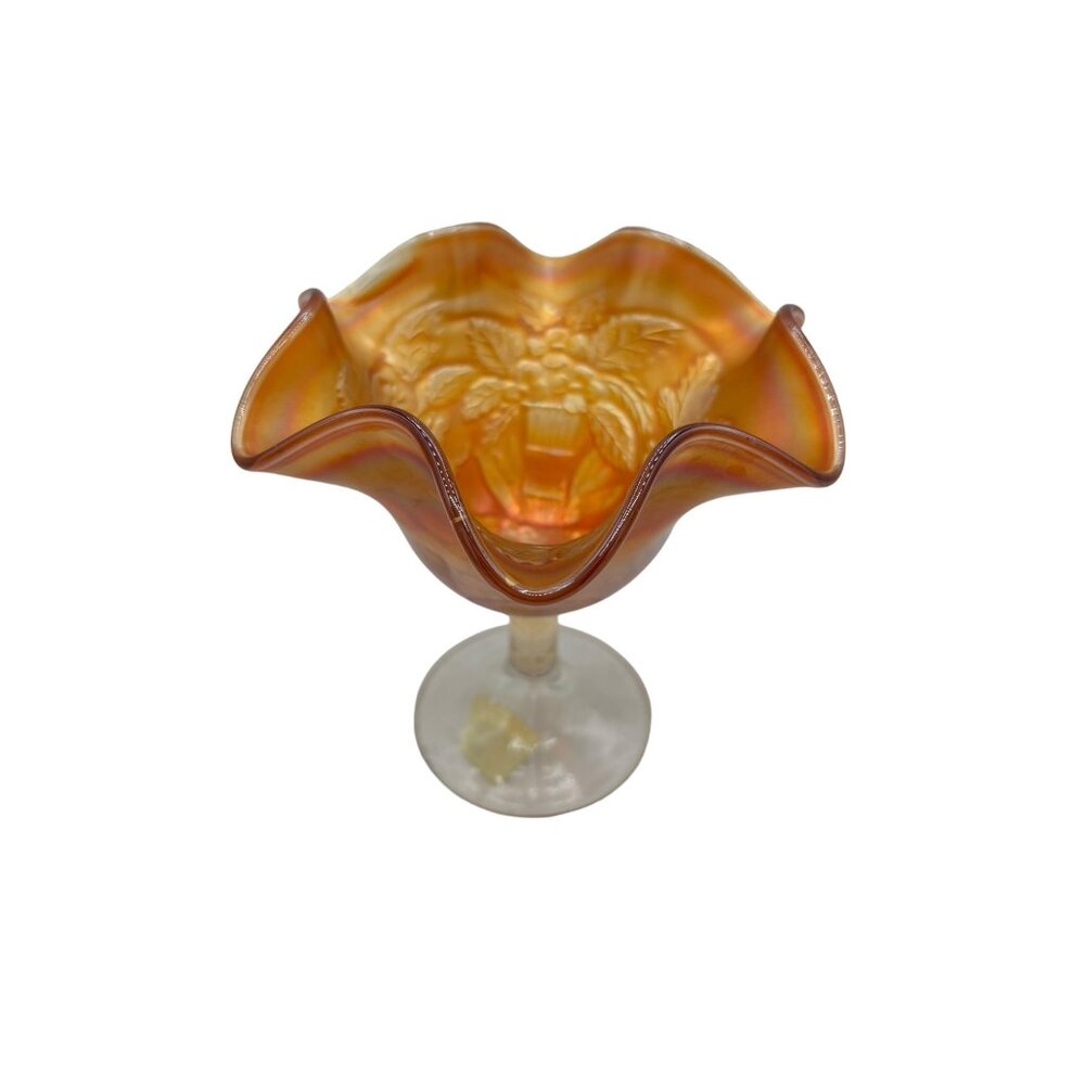 Vintage Fenton Marigold Carnival Glass Peacock and Urn Compote 5 1/2"